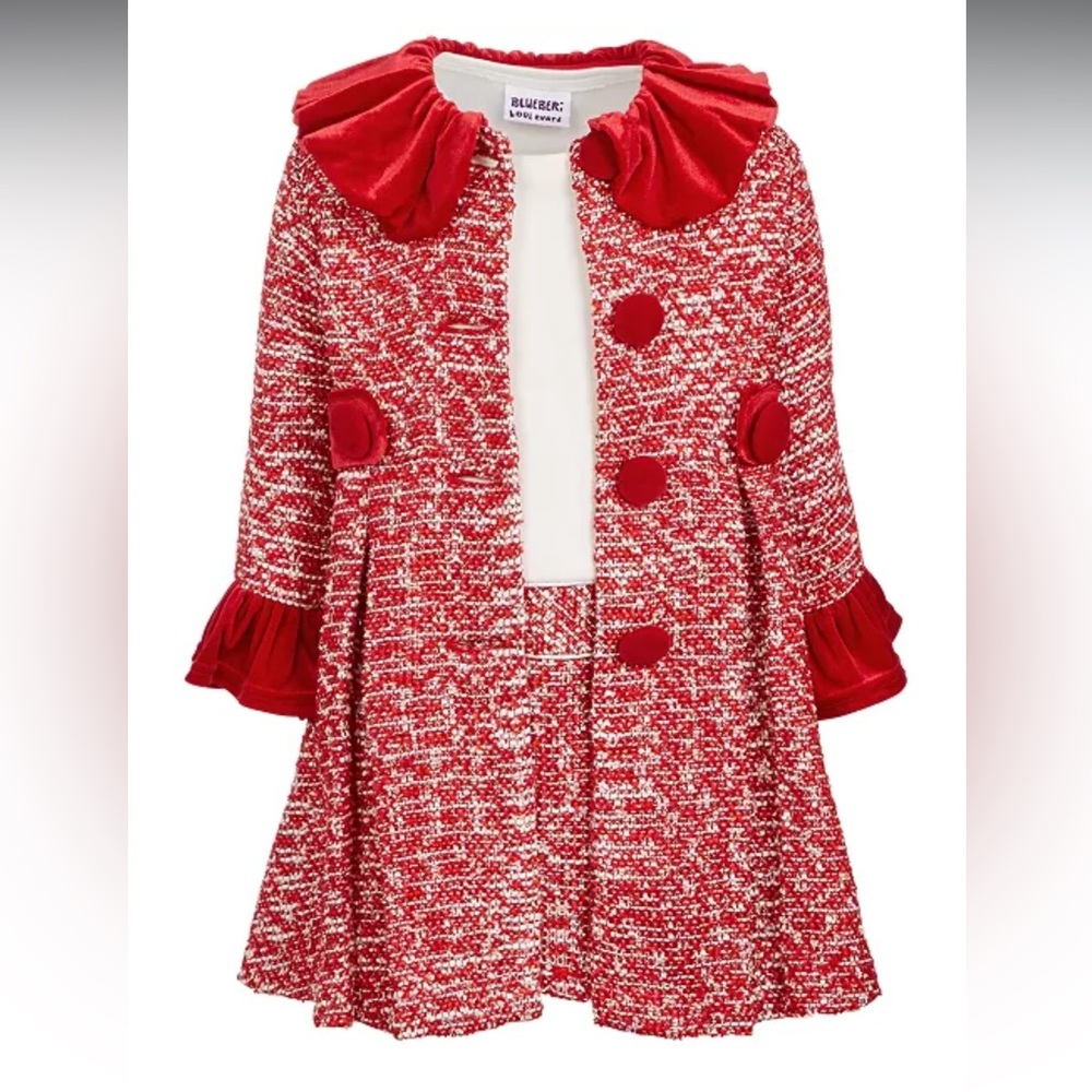 Like New Blueberi Boulevard Red Tweed Coat with Velvet Accents and Dress Set